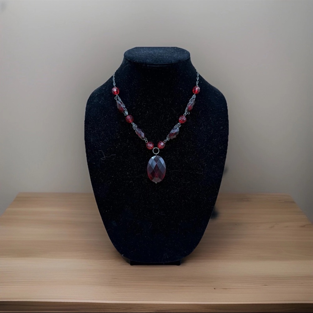 Vintage Gothic Red Lucite Necklace - Faceted Beads & Statement Pendant